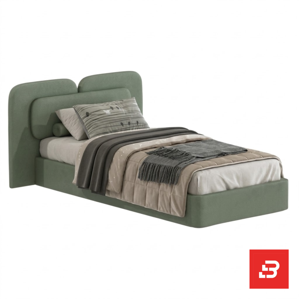 Double-cushioned modern upholstered platform bed in sage green velvet by Bahoo Furniture UAE