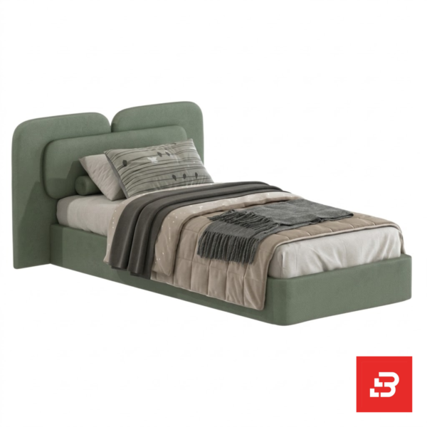 Double-cushioned modern upholstered platform bed in sage green velvet by Bahoo Furniture UAE