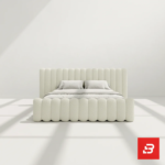 Sculptural vertical-channel upholstered bed in cream bouclé fabric by Bahoo Furniture UAE