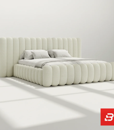 Sculptural vertical-channel upholstered bed in cream bouclé fabric by Bahoo Furniture UAE