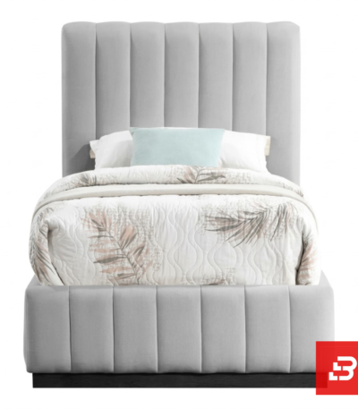 Vertical-channeled upholstered platform bed in light grey velvet by Bahoo Furniture UAE