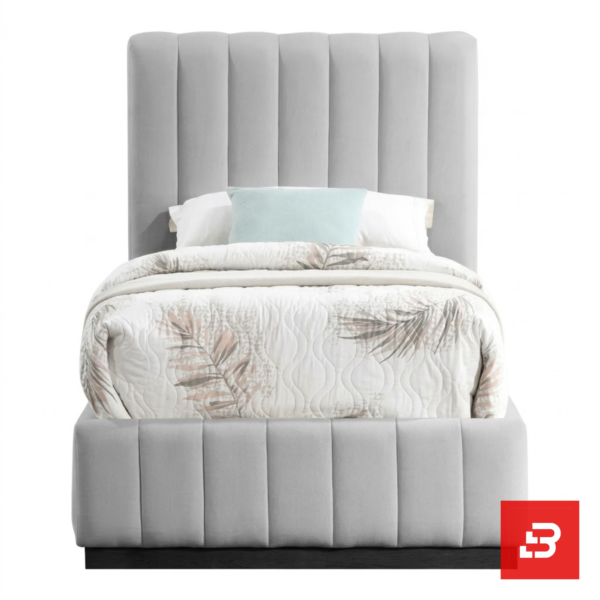 Vertical-channeled upholstered platform bed in light grey velvet by Bahoo Furniture UAE