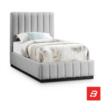Vertical-channeled upholstered platform bed in light grey velvet by Bahoo Furniture UAE