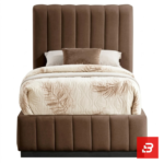 Vertical-channeled upholstered platform bed in light grey velvet by Bahoo Furniture UAE