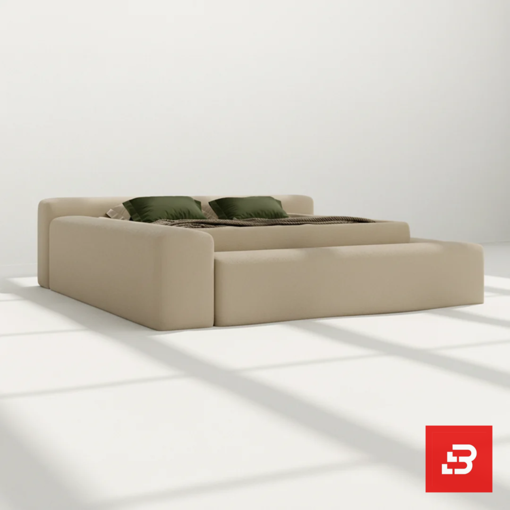 Low-profile modular platform bed in warm beige fabric by Bahoo Furniture UAE