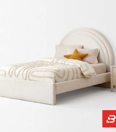 Semi-circular arched kids platform bed in ivory bouclé fabric by Bahoo Furniture UAE