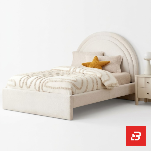 Semi-circular arched kids platform bed in ivory bouclé fabric by Bahoo Furniture UAE