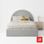 Semi-circular arched kids platform bed in ivory bouclé fabric by Bahoo Furniture UAE