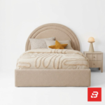 Semi-circular arched kids platform bed in ivory bouclé fabric by Bahoo Furniture UAE