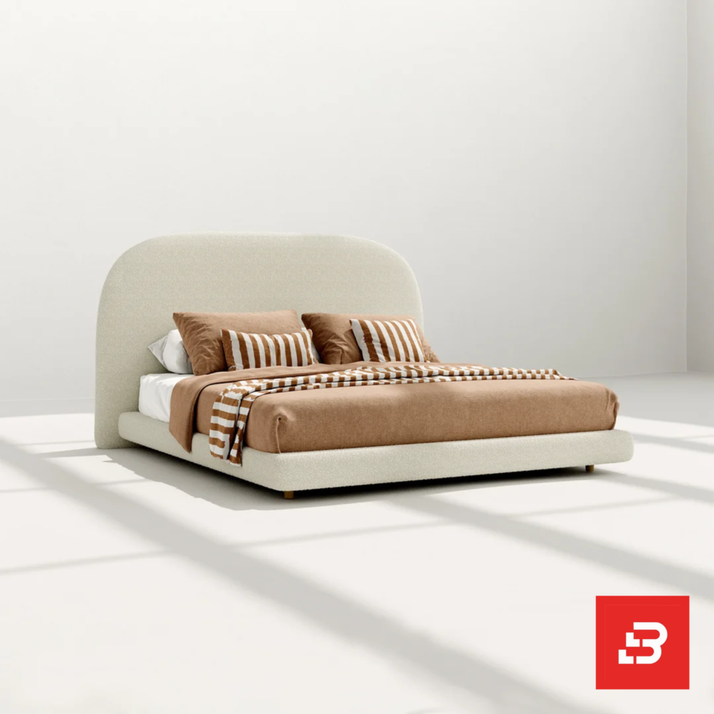 Arched minimalist upholstered platform bed in cream bouclé fabric by Bahoo Furniture UAE