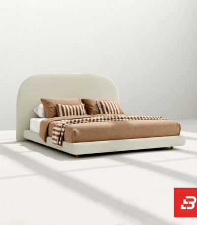 Arched minimalist upholstered platform bed in cream bouclé fabric by Bahoo Furniture UAE