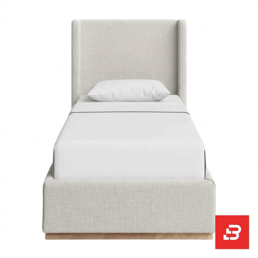 Wingback upholstered platform bed in beige linen fabric by Bahoo Furniture UAE