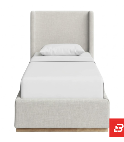 Wingback upholstered platform bed in beige linen fabric by Bahoo Furniture UAE