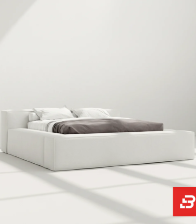 Sleek low-profile upholstered platform bed in pure white fabric by Bahoo Furniture UAE