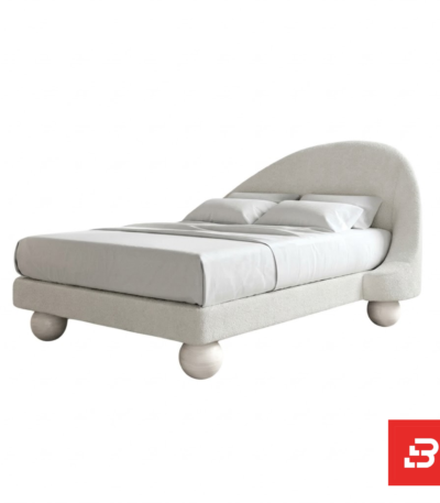 Asymmetric sloped-arch platform bed in cream bouclé fabric with spherical feet by Bahoo Furniture UAE