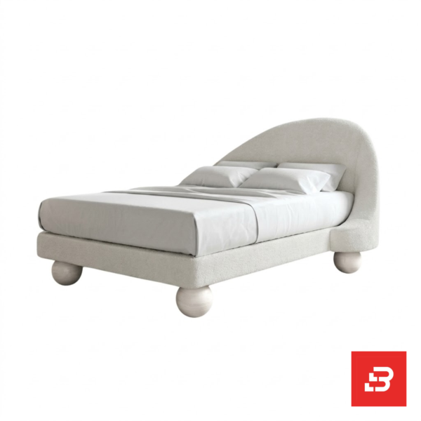 Asymmetric sloped-arch platform bed in cream bouclé fabric with spherical feet by Bahoo Furniture UAE