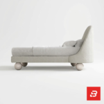 Asymmetric sloped-arch platform bed in cream bouclé fabric with spherical feet by Bahoo Furniture UAE