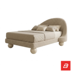 Asymmetric sloped-arch platform bed in cream bouclé fabric with spherical feet by Bahoo Furniture UAE