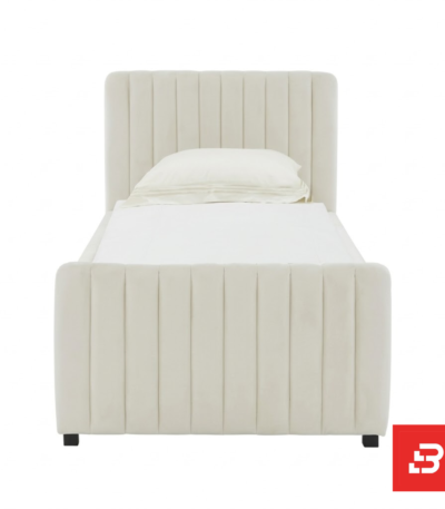 Vertical-channeled platform bed frame in ivory velvet fabric by Bahoo Furniture UAE