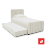 Vertical-channeled platform bed frame in ivory velvet fabric by Bahoo Furniture UAE