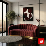 Sophisticated modern living room interior showcasing a luxury channel-tufted sofa upholstered in soft beige velvet fabric featuring a rounded curved back and a gold metallic base plinth by Bahoo Furniture UAE