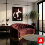 Sophisticated modern living room interior showcasing a luxury channel-tufted sofa upholstered in soft beige velvet fabric featuring a rounded curved back and a gold metallic base plinth by Bahoo Furniture UAE