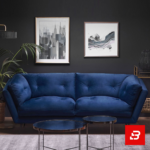 Sophisticated dark-walled modern living room interior showcasing a luxury tufted sofa upholstered in soft warm gray velvet fabric featuring button tufting and angled arms by Bahoo Furniture UAE