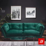 Sophisticated dark-walled modern living room interior showcasing a luxury tufted sofa upholstered in soft warm gray velvet fabric featuring button tufting and angled arms by Bahoo Furniture UAE