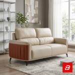 Modern stylish living room interior showcasing a luxury two-seater sofa upholstered in smooth beige leather featuring contrast vertical channel side panels and dark metal legs by Bahoo Furniture UAE