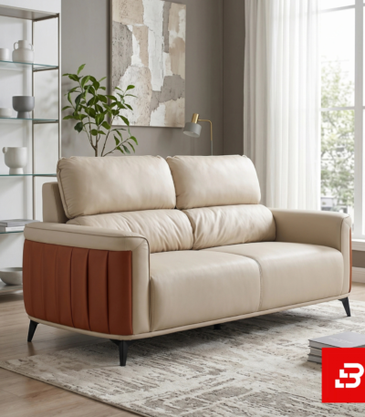 Modern stylish living room interior showcasing a luxury two-seater sofa upholstered in smooth beige leather featuring contrast vertical channel side panels and dark metal legs by Bahoo Furniture UAE