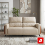 Modern stylish living room interior showcasing a luxury two-seater sofa upholstered in smooth beige leather featuring contrast vertical channel side panels and dark metal legs by Bahoo Furniture UAE