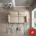 Modern stylish living room interior showcasing a luxury two-seater sofa upholstered in smooth beige leather featuring contrast vertical channel side panels and dark metal legs by Bahoo Furniture UAE