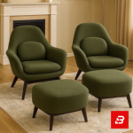 Modern elegant interior featuring a pair of warm gray fabric accent armchairs with matching footrest ottomans on dark wood legs by Bahoo Furniture UAE