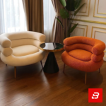 Elegant interior showcasing a luxury off white bouclé curved armchair paired with a stylish glass top side table on dark hardwood flooring by Bahoo Furniture UAE