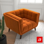 Modern bright interior space featuring a luxury warm gray velvet grid-tufted cube armchair with dark wooden legs on a textured carpet by Bahoo Furniture UAE