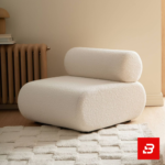 Minimalist living room setup showcasing a plush off white bouclé modular lounge chair with bolster backrest on a checkered textured rug by Bahoo Furniture UAE