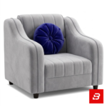 Modern studio setting featuring a luxury warm gray velvet channel-tufted armchair styled with a round royal blue accent cushion by Bahoo Furniture UAE