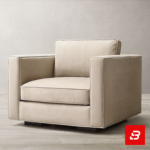 Modern minimalist living room featuring a plush beige velvet square frame armchair with subtle piping details on dark wooden feet by Bahoo Furniture UAE
