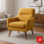 Modern bright living room featuring an off white upholstered mid-century accent armchair on wooden legs over a neutral rug by Bahoo Furniture UAE