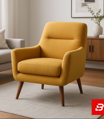 Modern bright living room featuring an off white upholstered mid-century accent armchair on wooden legs over a neutral rug by Bahoo Furniture UAE