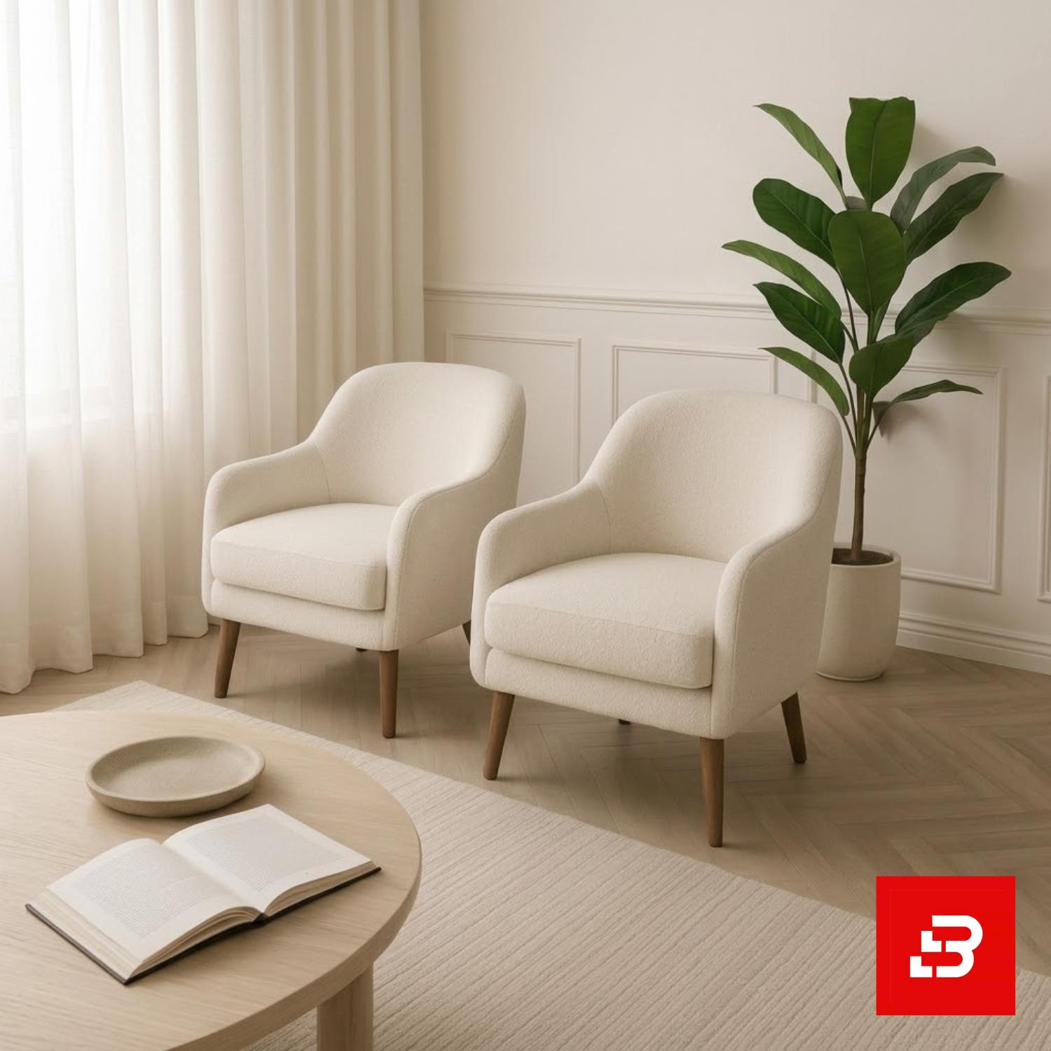 Bahoo Luxury Bouclé Accent Armchair Upholstered - Bahoo Furniture Sunlit modern lounge corner featuring a pair of off white bouclé accent armchairs on wooden legs beside a round coffee table by Bahoo Furniture UAE Craftsmanship Details Tactile Comfort: Wrapped in high-density, multi-tonal bouclé that adds rich texture and depth to neutral color schemes while holding up to daily lounging and heavy use. Supportive Geometry: Every tapered backrest and thick seat cushion is padded with high-resilience foam padding, removing sharp angles to create a secure, comfortable, and inviting environment for relaxed evenings. Low-Profile Proportions: Designed close to the floor with structured architectural silhouettes, encouraging an open, airy feeling while maintaining a commanding, sophisticated presence in the room. Open-Concept Fluidity: Engineered with clean organic curves and slender wooden legs, allowing you to establish a seamless focal point that perfectly fits upscale UAE interior spaces. Specifications Brand: Bahoo Furniture Model: The Luxury Bouclé Accent Armchair Fabric Grade: Luxury Commercial-Grade Bouclé (Off White - #FAF9F6) Internal Structure: Kiln-Dried Hardwood Frame with Reinforced Joinery Configuration Options: Single Seater Minimalist Accent Chair White-Glove Service: Custom Handcrafted in UAE | Complimentary In-Home Assembly Care & Preservation Routine Maintenance: Vacuum gently on low suction with a soft upholstery brush attachment. Spill Response: Blot immediately with a dry, clean microfiber cloth. Clean gentle spots using warm water and mild fabric shampoo; do not scrub forcefully.