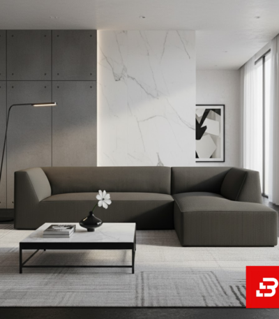 Contemporary architectural living room interior showcasing a sleek l-shape sectional sofa upholstered in ribbed warm gray textured corduroy paired with a marble top coffee table and floor lamp by Bahoo Furniture UAE