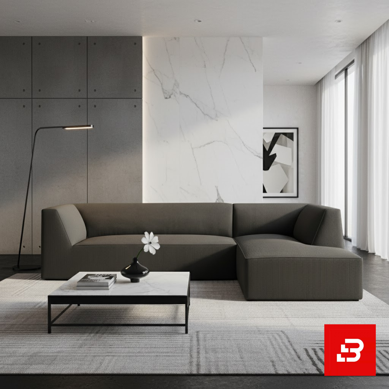 Bahoo Luxury L-Shape Sectional Sofa Upholstered - Bahoo Furniture Contemporary architectural living room interior showcasing a sleek l-shape sectional sofa upholstered in ribbed warm gray textured corduroy paired with a marble top coffee table and floor lamp by Bahoo Furniture UAE