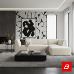 Contemporary architectural living room interior showcasing a sleek l-shape sectional sofa upholstered in ribbed warm gray textured corduroy paired with a marble top coffee table and floor lamp by Bahoo Furniture UAE