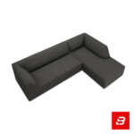 Contemporary architectural living room interior showcasing a sleek l-shape sectional sofa upholstered in ribbed warm gray textured corduroy paired with a marble top coffee table and floor lamp by Bahoo Furniture UAE