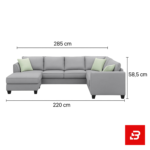 Bright and airy modern living room interior showcasing a large l-shape sectional sofa upholstered in soft warm gray fabric with pastel green throw pillows and a glass coffee table by Bahoo Furniture UAE