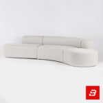 Minimalist studio setting showcasing a sleek organic curved sofa upholstered in soft off white bouclé fabric against a clean white background by Bahoo Furniture UAE
