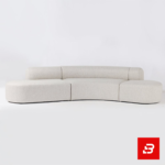 Minimalist studio setting showcasing a sleek organic curved sofa upholstered in soft off white bouclé fabric against a clean white background by Bahoo Furniture UAE