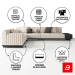 Stunning floor-to-ceiling glass window living room interior showcasing a modern l-shape fluted sectional sofa upholstered in off white fabric with contrasting throw pillows and a glass coffee table by Bahoo Furniture UAE
