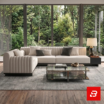 Stunning floor-to-ceiling glass window living room interior showcasing a modern l-shape fluted sectional sofa upholstered in off white fabric with contrasting throw pillows and a glass coffee table by Bahoo Furniture UAE
